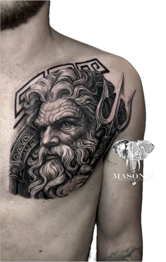 Black and Grey Poseidon Mythology Tattoo Design: Detailed portrait of a bearded man with a trident on the shoulder