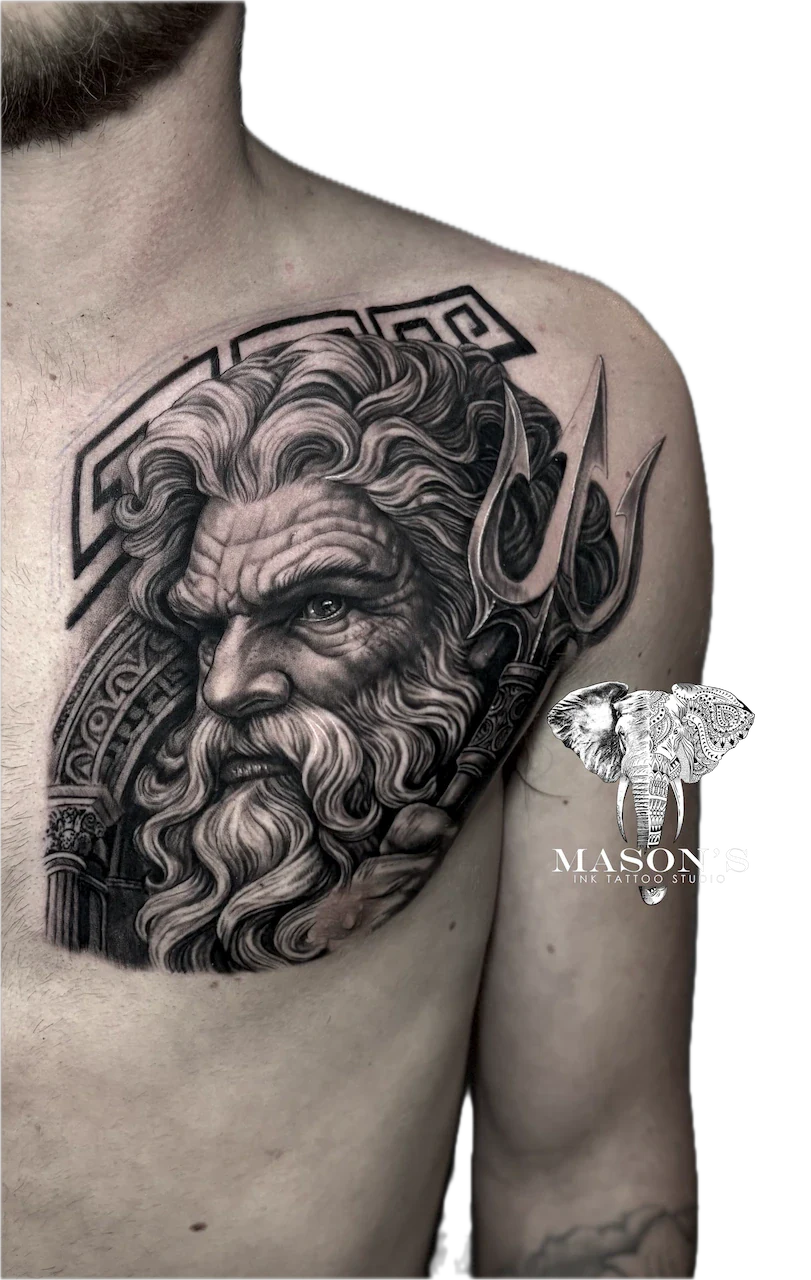 Black and Grey Poseidon Mythology Tattoo Design: Detailed portrait of a bearded man with a trident on the shoulder