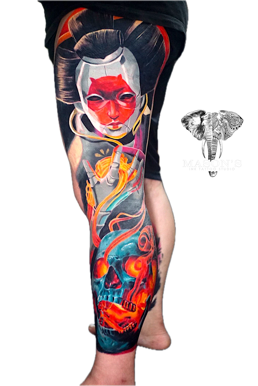 Color Japanese Skull tattoo by Dian at Mason's Ink Tattoo Studio, Bali
