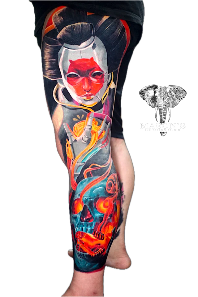 Color Japanese Skull tattoo by Dian at Mason's Ink Tattoo Studio, Bali