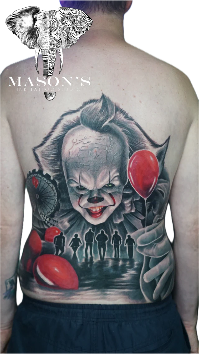 Realism Pennywise the Dancing Clown tattoo by Dian at Mason's Ink Tattoo Studio, Bali