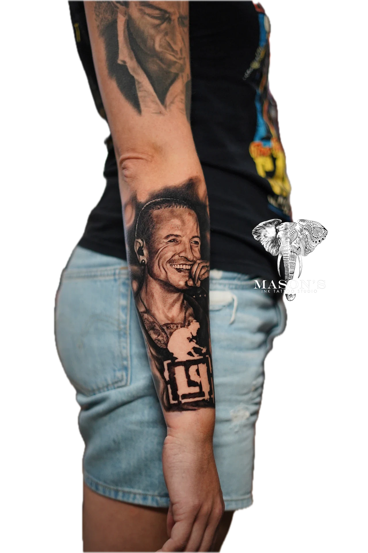 Chester Bennington Portrait Face Tattoo by Reno at Mason's Ink Tattoo Studio, Bali