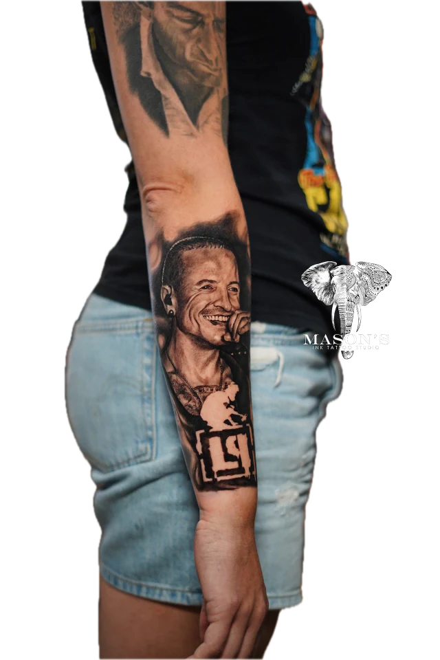 Chester Bennington Portrait Face Tattoo by Reno at Mason's Ink Tattoo Studio, Bali
