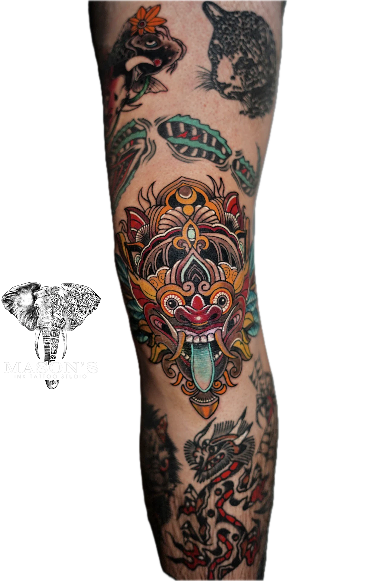 Neo Traditional Balinese Barong in Color tattoo by Mason's Ink Tattoo Studio, Bali