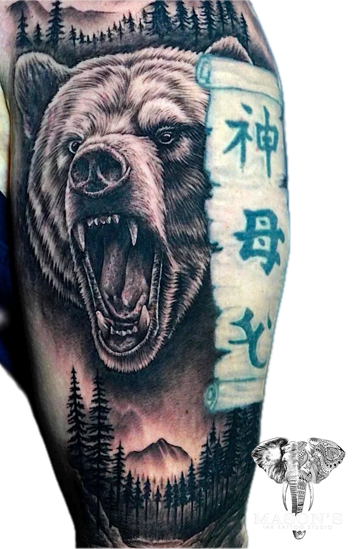 Japanese and Black Work The Beast of Bear Forest tattoo by Mason's Ink Tattoo Studio, Bali