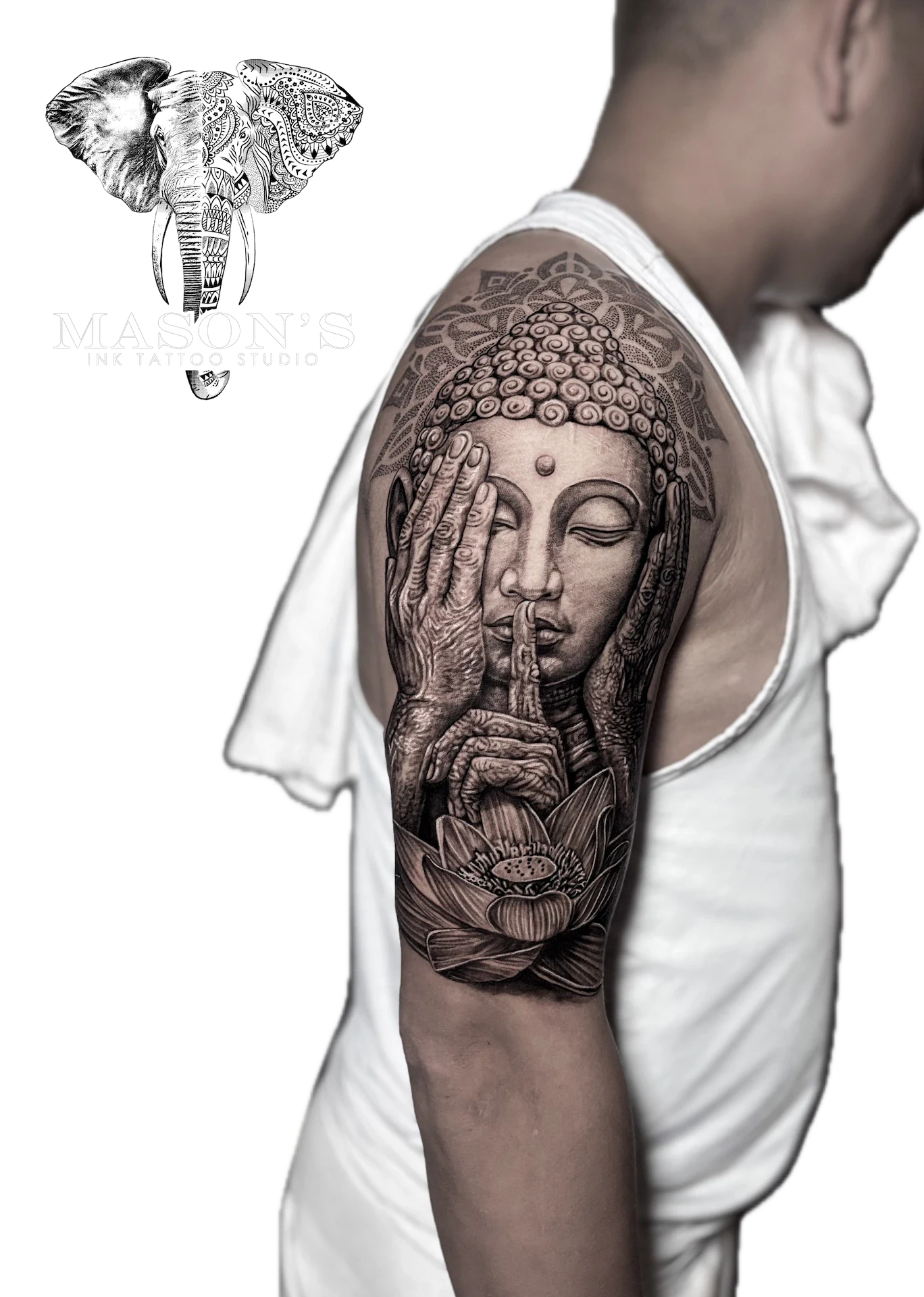 Mythology realistic Budha Face Hand tattoo by Mason's Ink Tattoo Studio, Bali