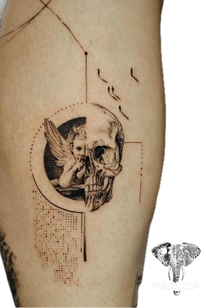 Geometric Angel Cupid and Skull tattoo by Mason's Ink Tattoo Studio, Bali