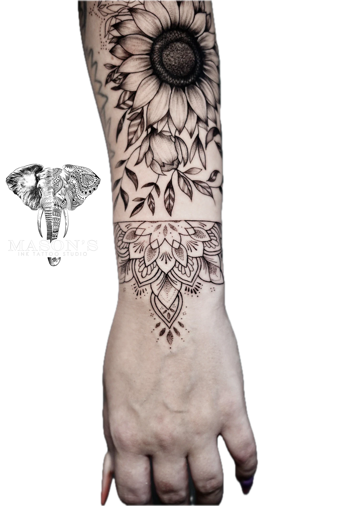 Black and Grey Floral Realism Mandala tattoo by Mason's Ink Tattoo Studio, Bali