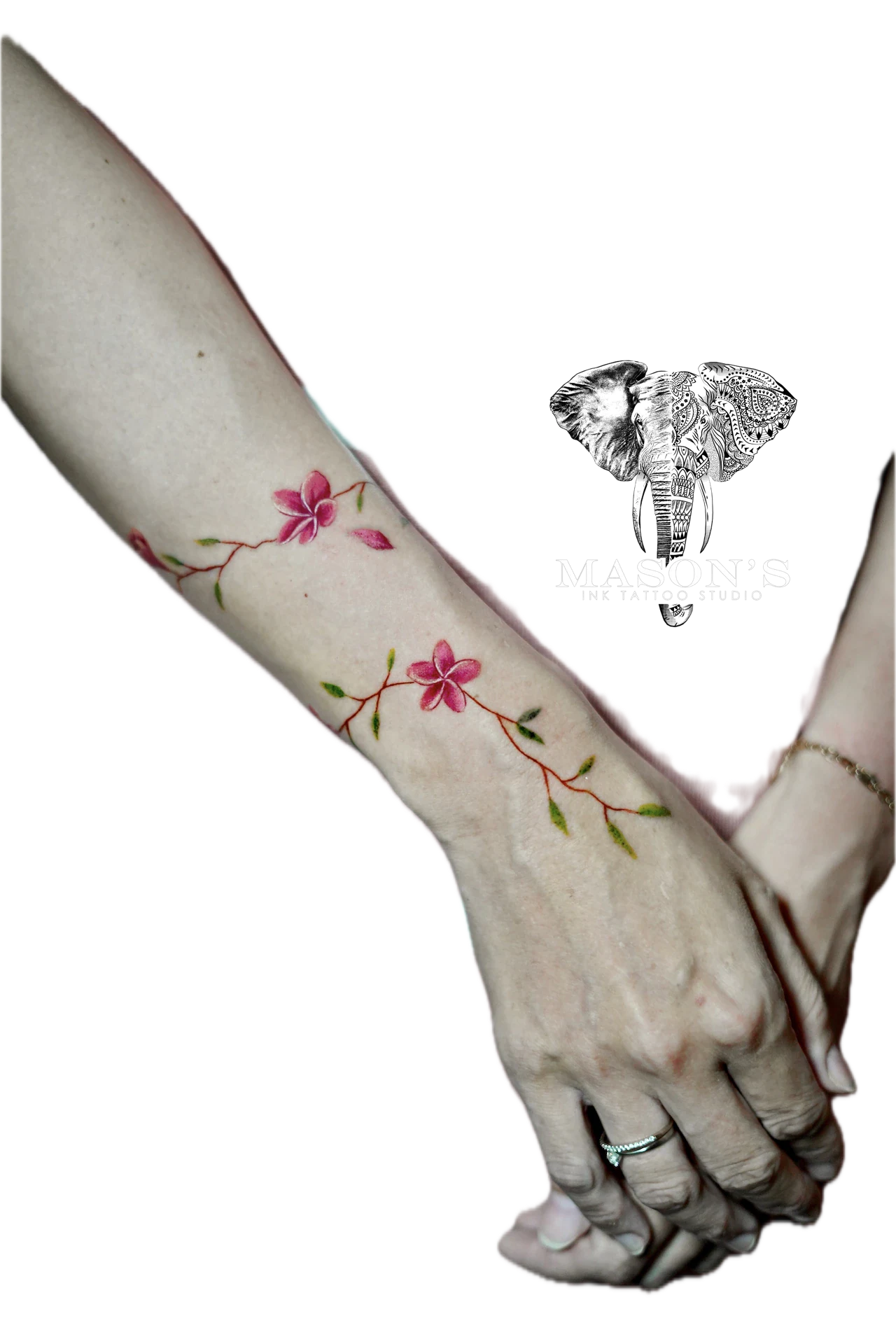 Color Flower Green Leaf Tattoo by Mason's Ink Tattoo Studio, Bali