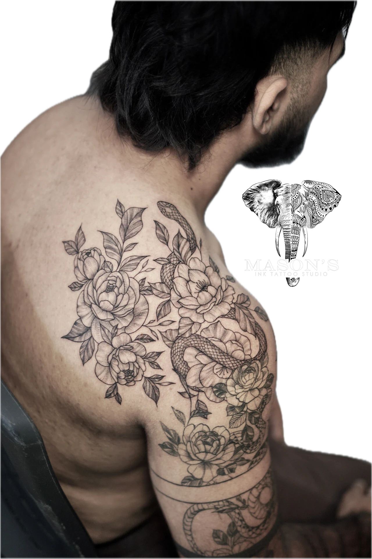 Flower and Snake Tattoo by Mason's Ink Tattoo Studio, Bali