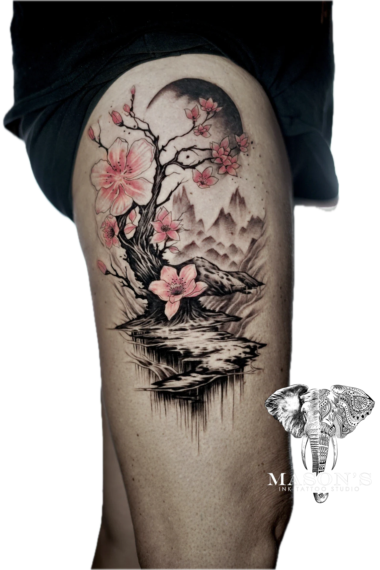 Japanese Realism Tattoo Sakura Tree and Flower by Mason's Ink Tattoo Studio, Bali