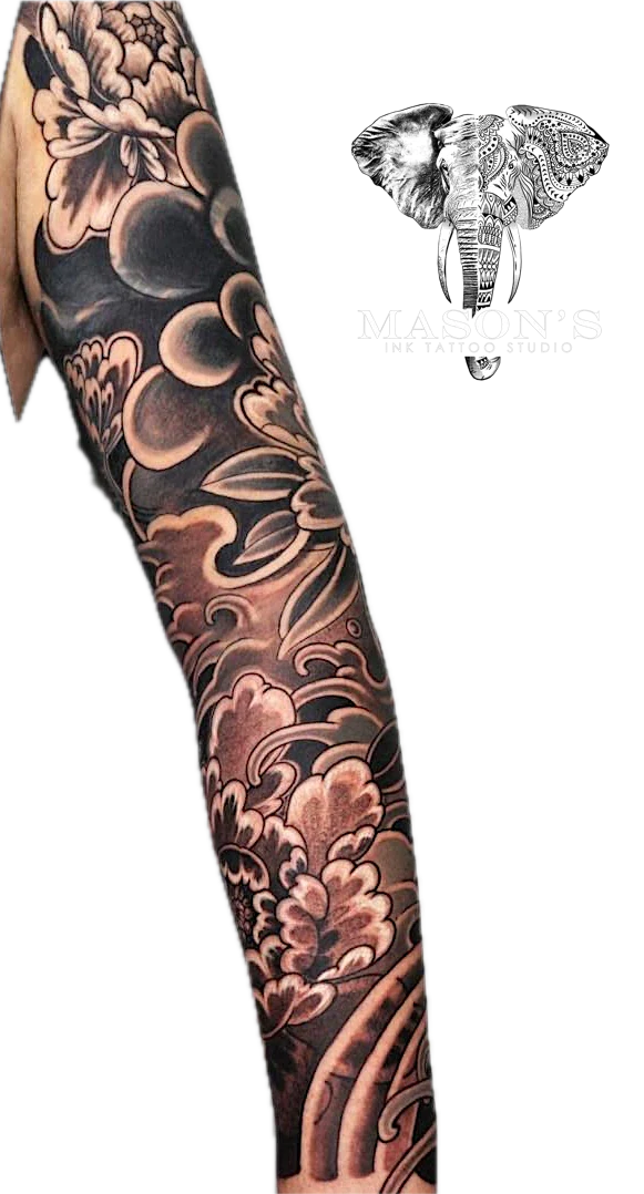 Black and Grey Japanese Pattern tattoo by Mason's Ink Tattoo Studio, Bali