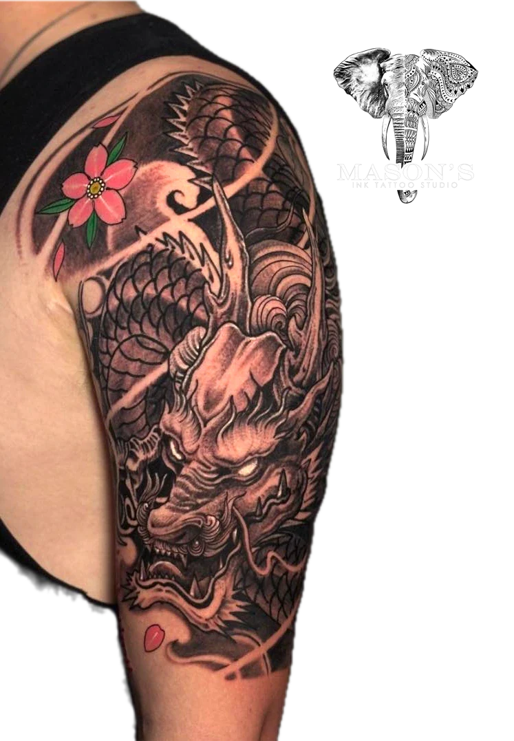 Japanese Dragon with Flower tattoo by Mason's Ink Tattoo Studio, Bali