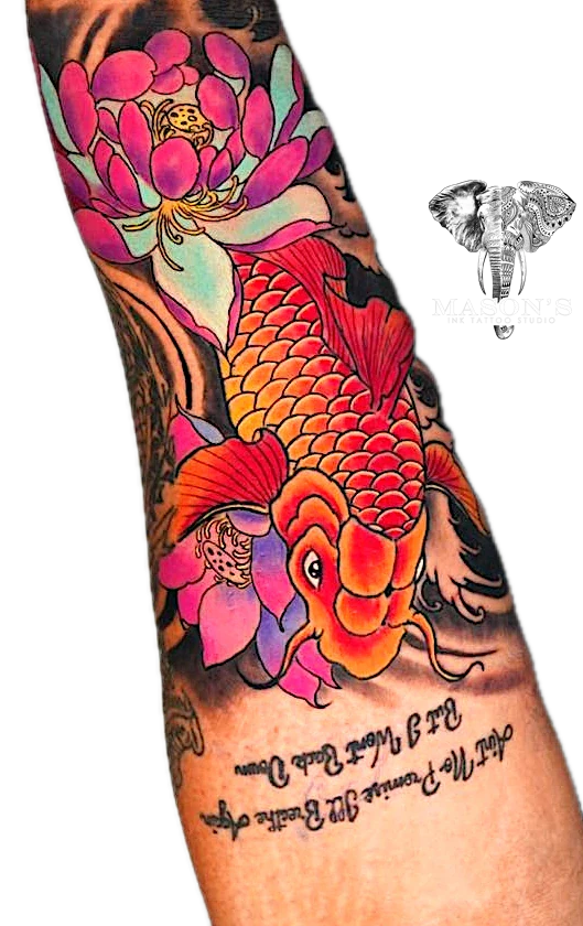 Neo Traditional Japanese Koi Fish tattoo by Mason's Ink Tattoo Studio, Bali