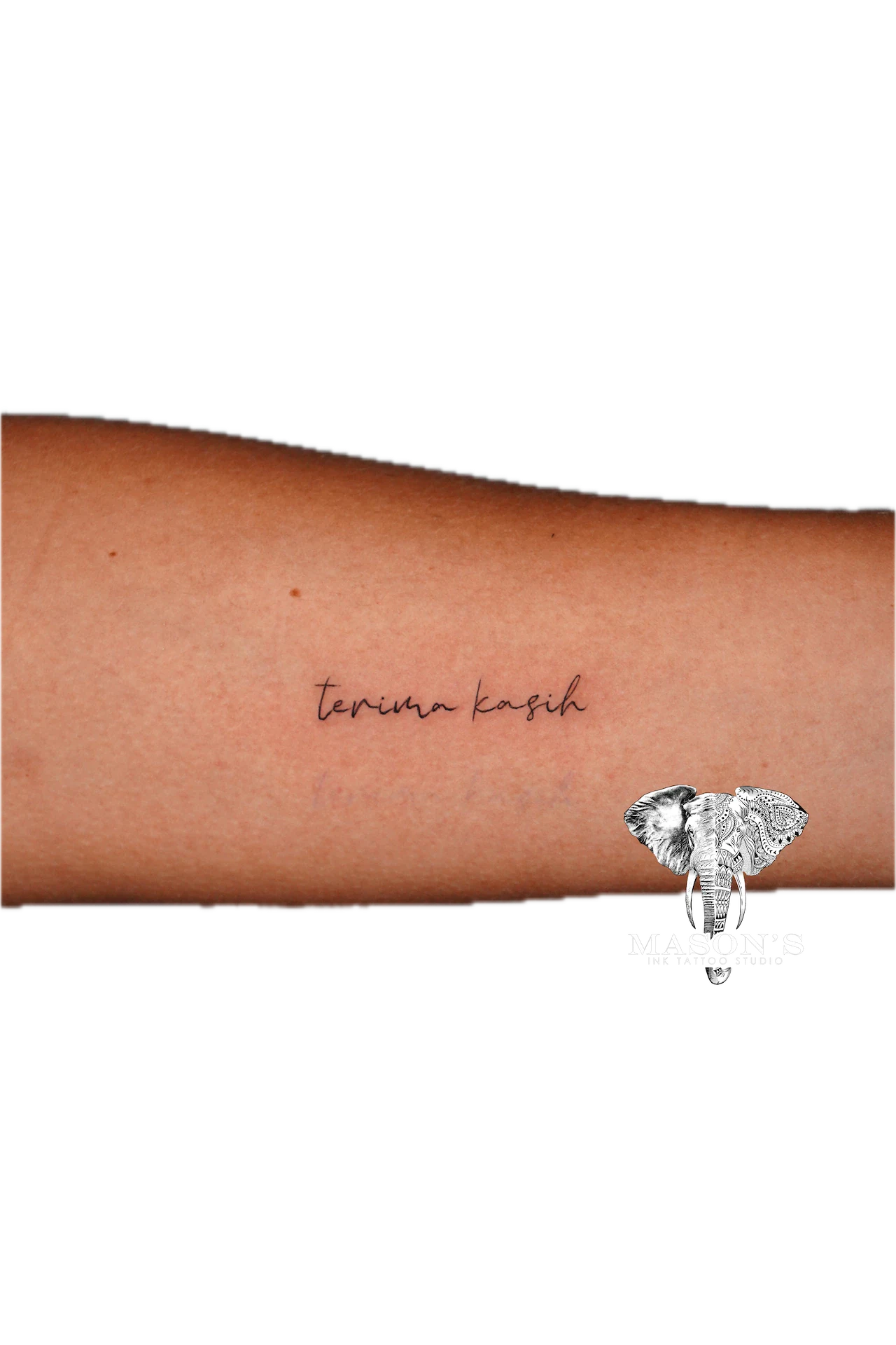 Fineline Script Tattoo Design: a small elephant and script lettering on the forearm