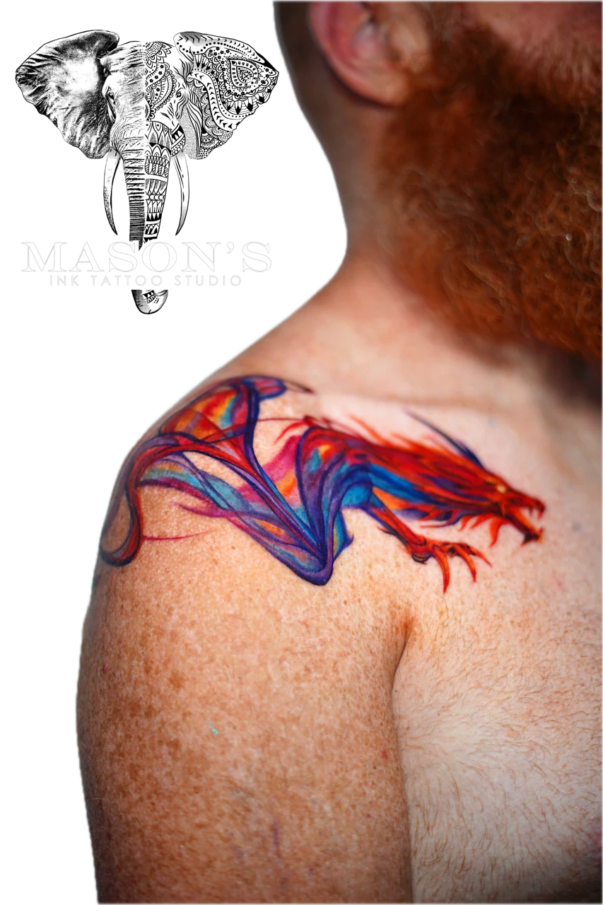 Abstract Color Dragon Tattoo Design by Mason's Ink Tattoo Studio, Bali