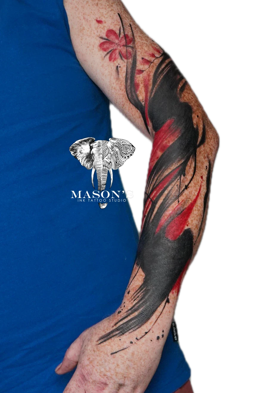 Watercolor Abstract Black and Red Tattoo Design: a forearm tattoo of feathers with a flower and blood effects