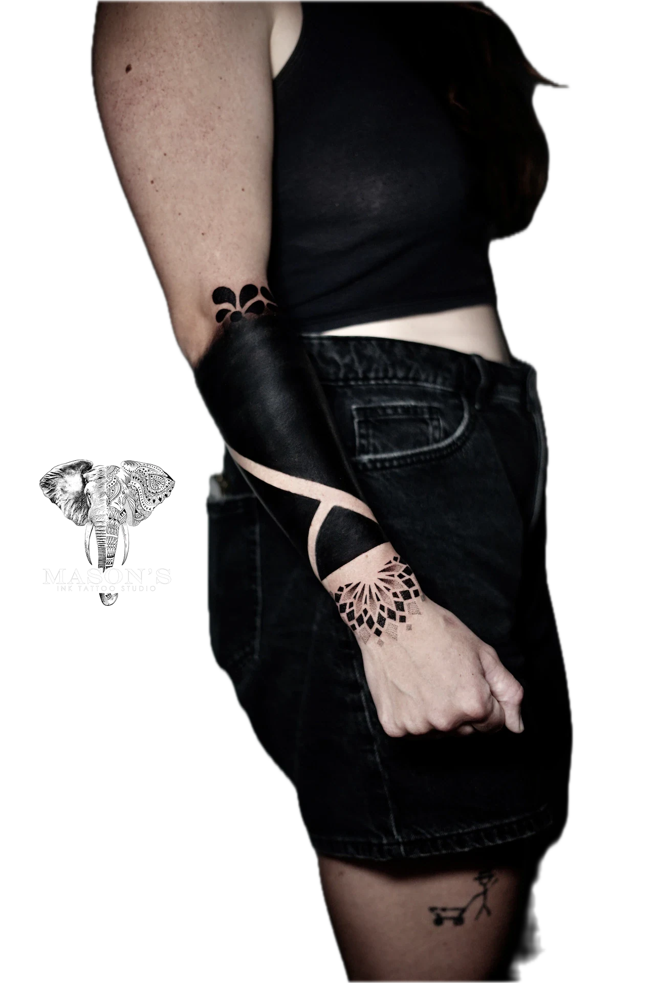 Black Work Abstract Tattoo Design: Minimal geometric forearm tattoo with leaf and stick figure designs