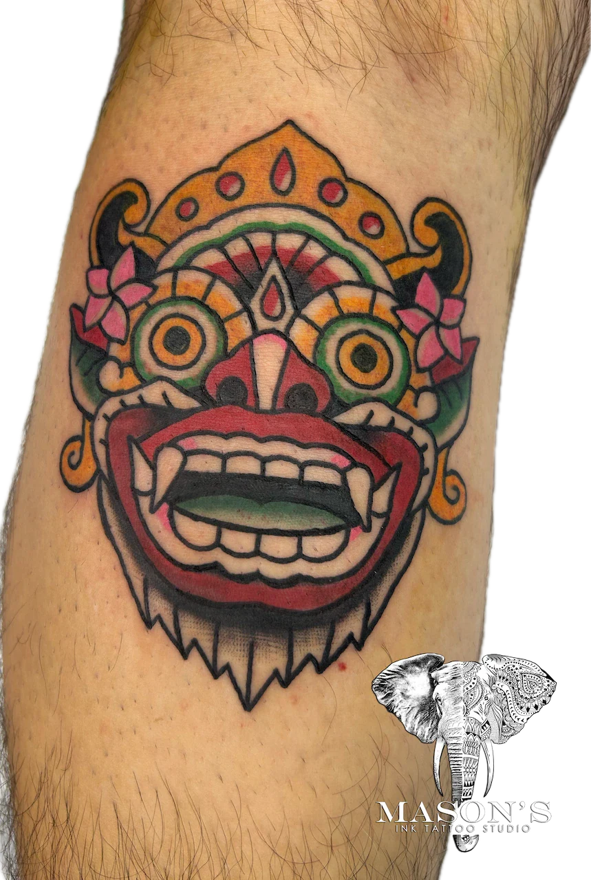 American Traditional Barong Mask Tattoo Design - American Traditional tattoo by Mason's Ink Tattoo Studio, Bali