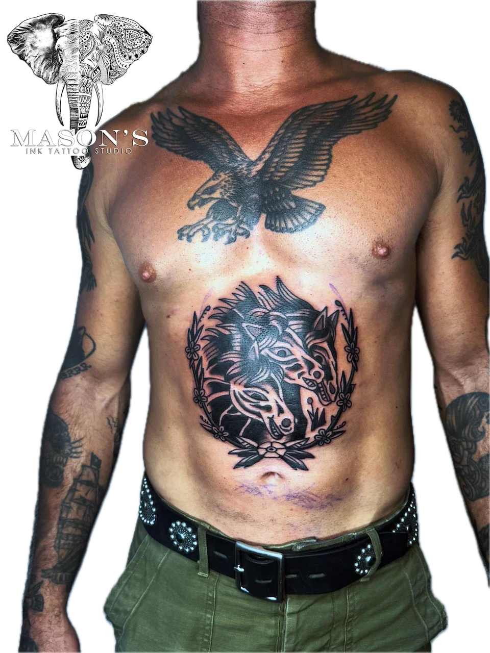 American Traditional Wolf Stomach Tattoo Design - American Traditional tattoo by Mason's Ink Tattoo Studio, Bali