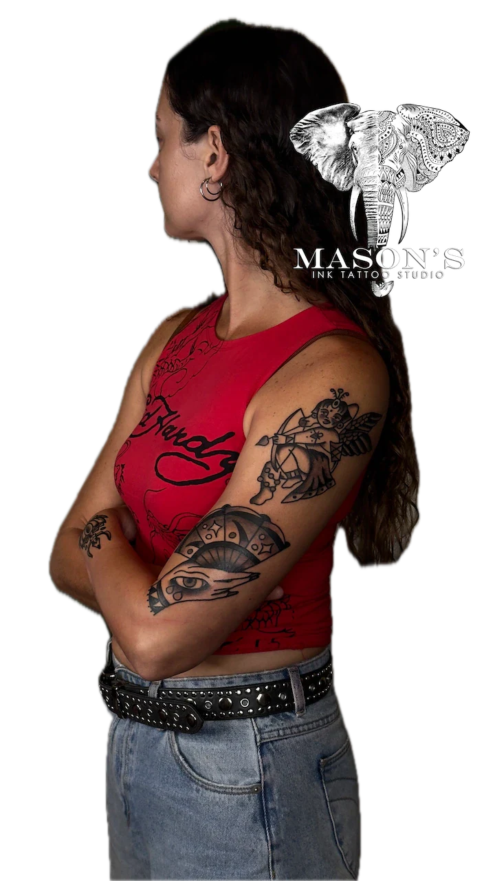 Blackwork Cherub and All-Seeing Eye Tattoo Design - American Traditional tattoo by Mason's Ink Tattoo Studio, Bali