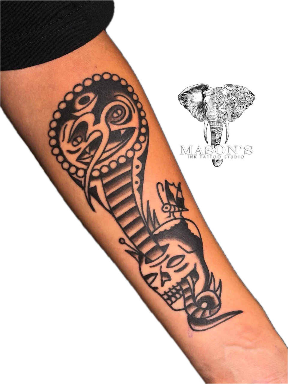 Blackwork Cobra and Skull Tattoo Design - American Traditional tattoo by Mason's Ink Tattoo Studio, Bali