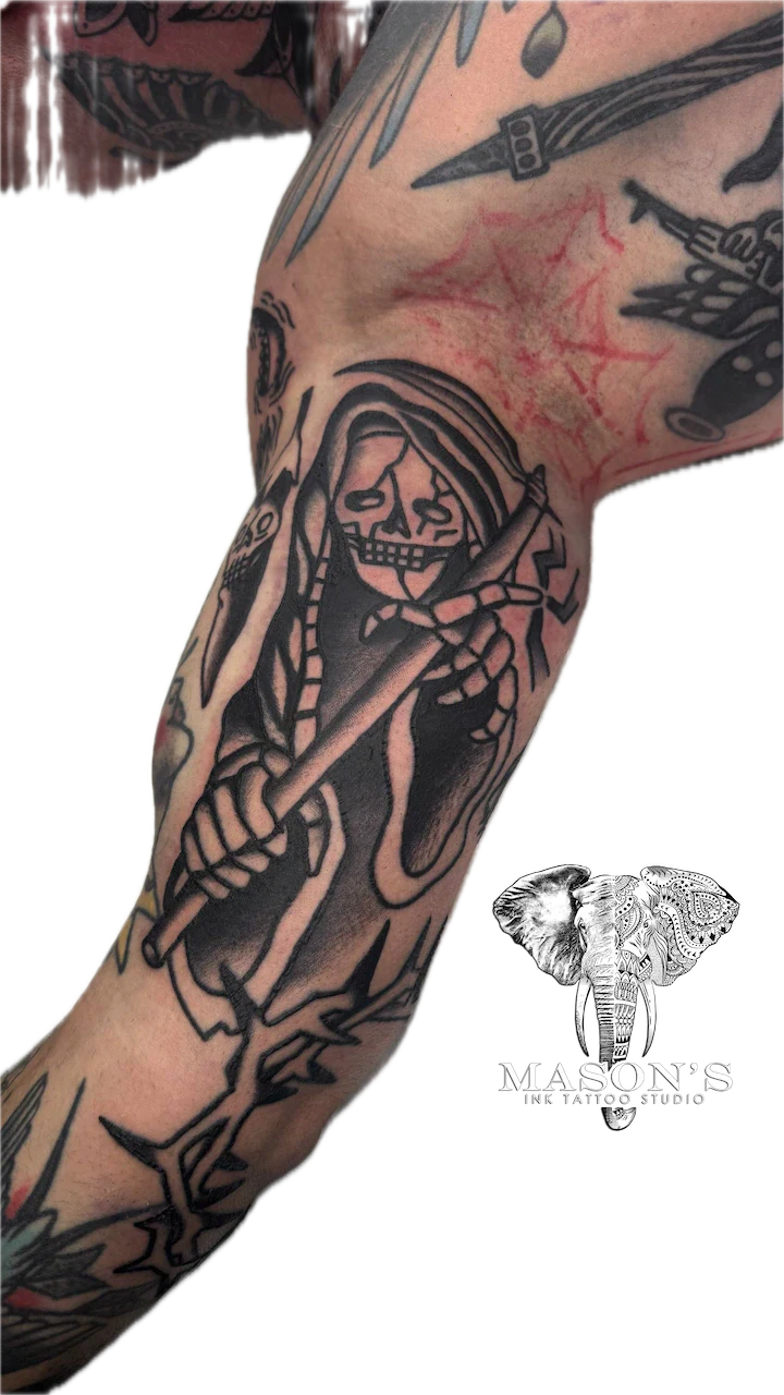 Blackwork Grim Reaper Tattoo Design - American Traditional tattoo by Mason's Ink Tattoo Studio, Bali