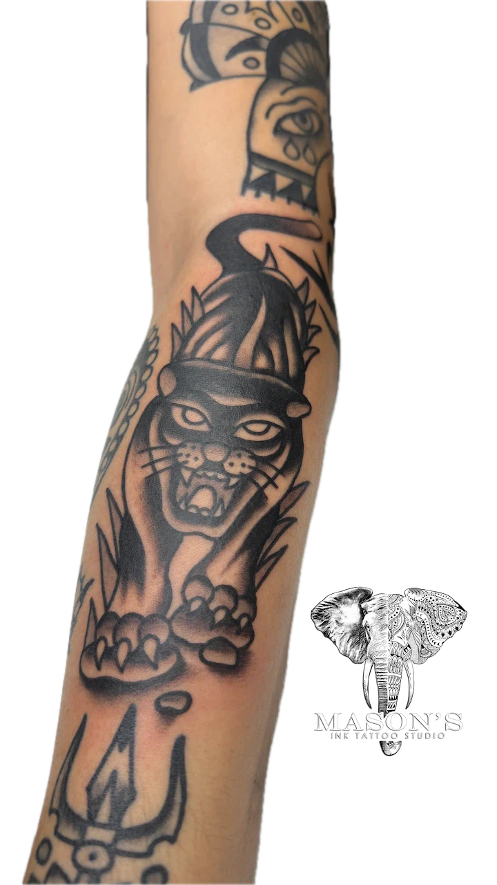Classic Blackwork Crawling Panther Tattoo Design - American Traditional tattoo by Mason's Ink Tattoo Studio, Bali