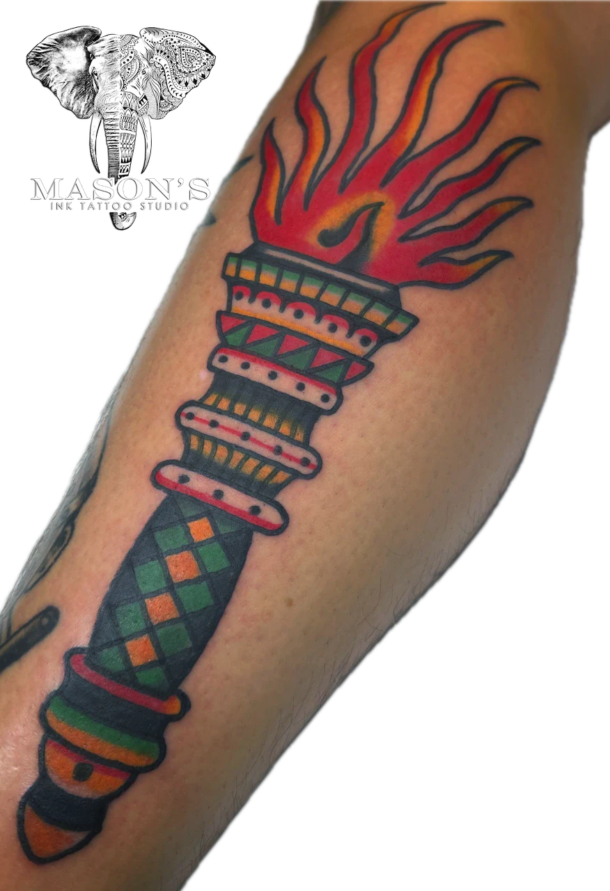 Classic Bold Torch Tattoo Design - American Traditional tattoo by Mason's Ink Tattoo Studio, Bali