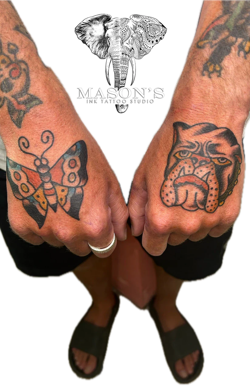 Classic Bulldog and Butterfly Tattoo Design - American Traditional tattoo by Mason's Ink Tattoo Studio, Bali