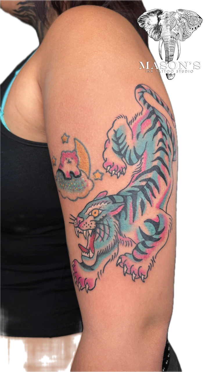 Colorful Folk Art Tiger Tattoo Design - American Traditional tattoo by Mason's Ink Tattoo Studio, Bali