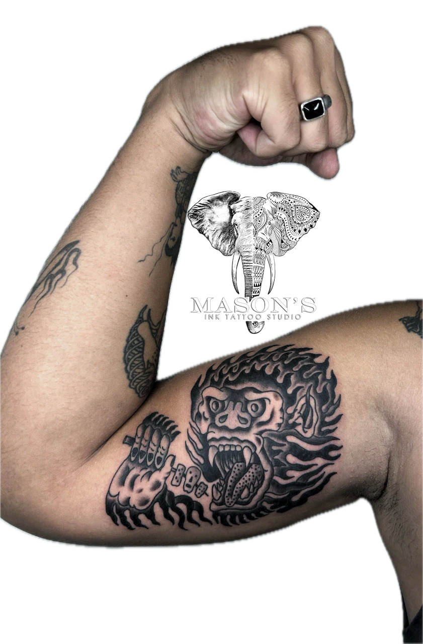 Fierce Monkey Head with Flames Tattoo Design - American Traditional tattoo by Mason's Ink Tattoo Studio, Bali