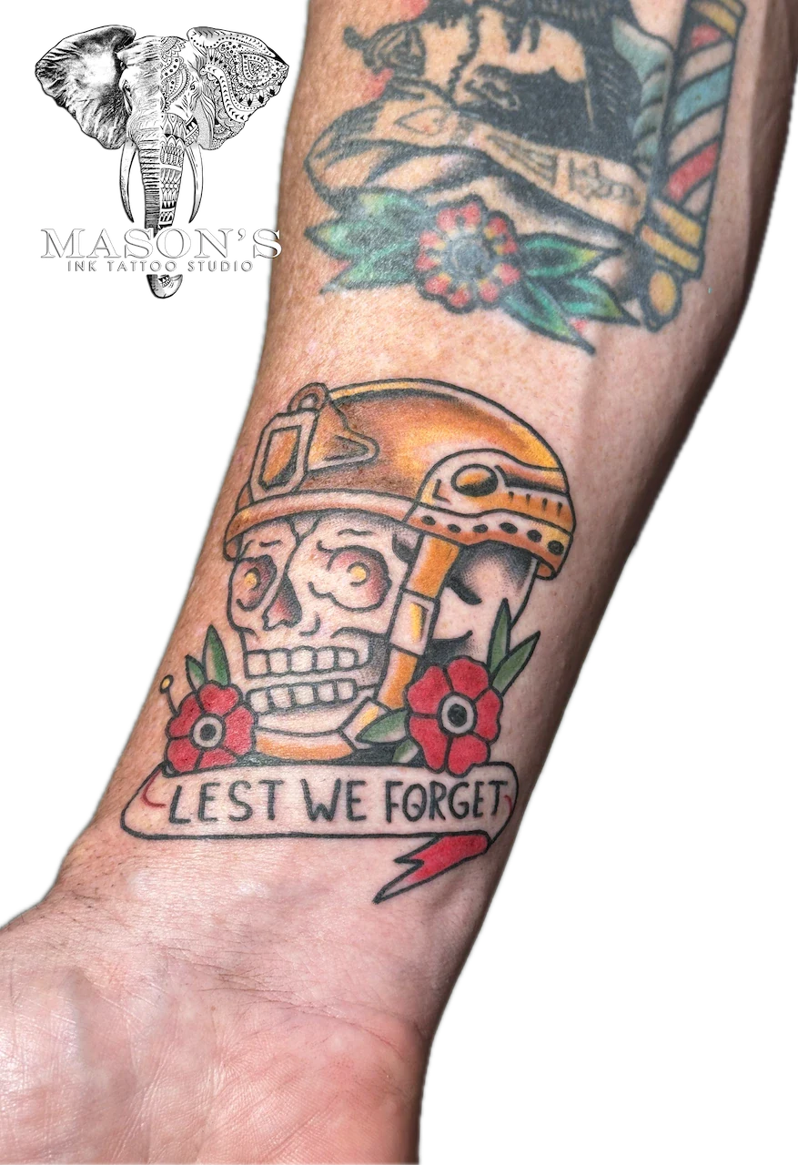 Old School Military Memorial Tattoo with Poppies - American Traditional tattoo by Mason's Ink Tattoo Studio, Bali