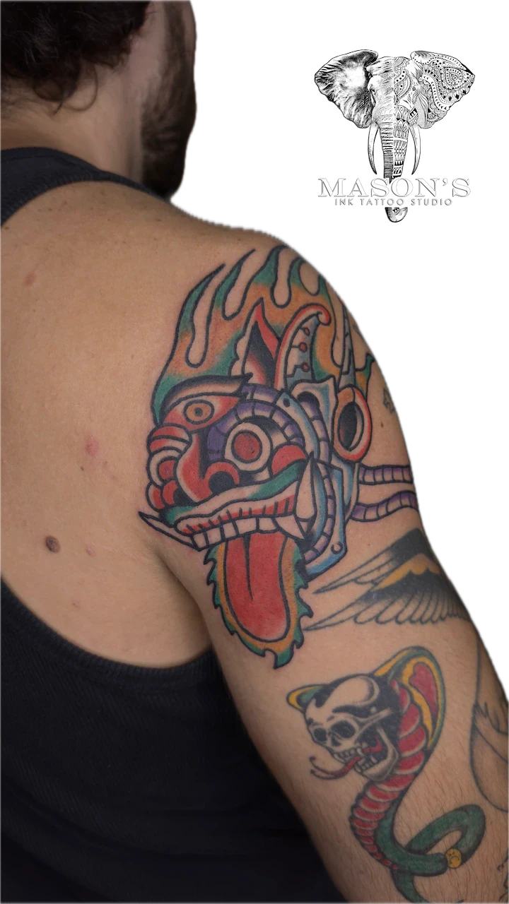 Psychedelic Stylized Mask Tattoo Design - American Traditional tattoo by Mason's Ink Tattoo Studio, Bali
