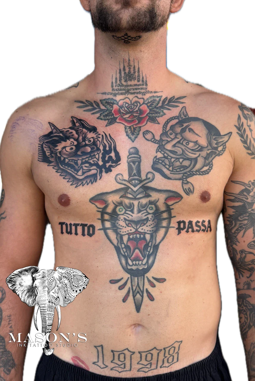 Traditional Panther and Dagger Chest Piece Tattoo Design - American Traditional tattoo by Mason's Ink Tattoo Studio, Bali