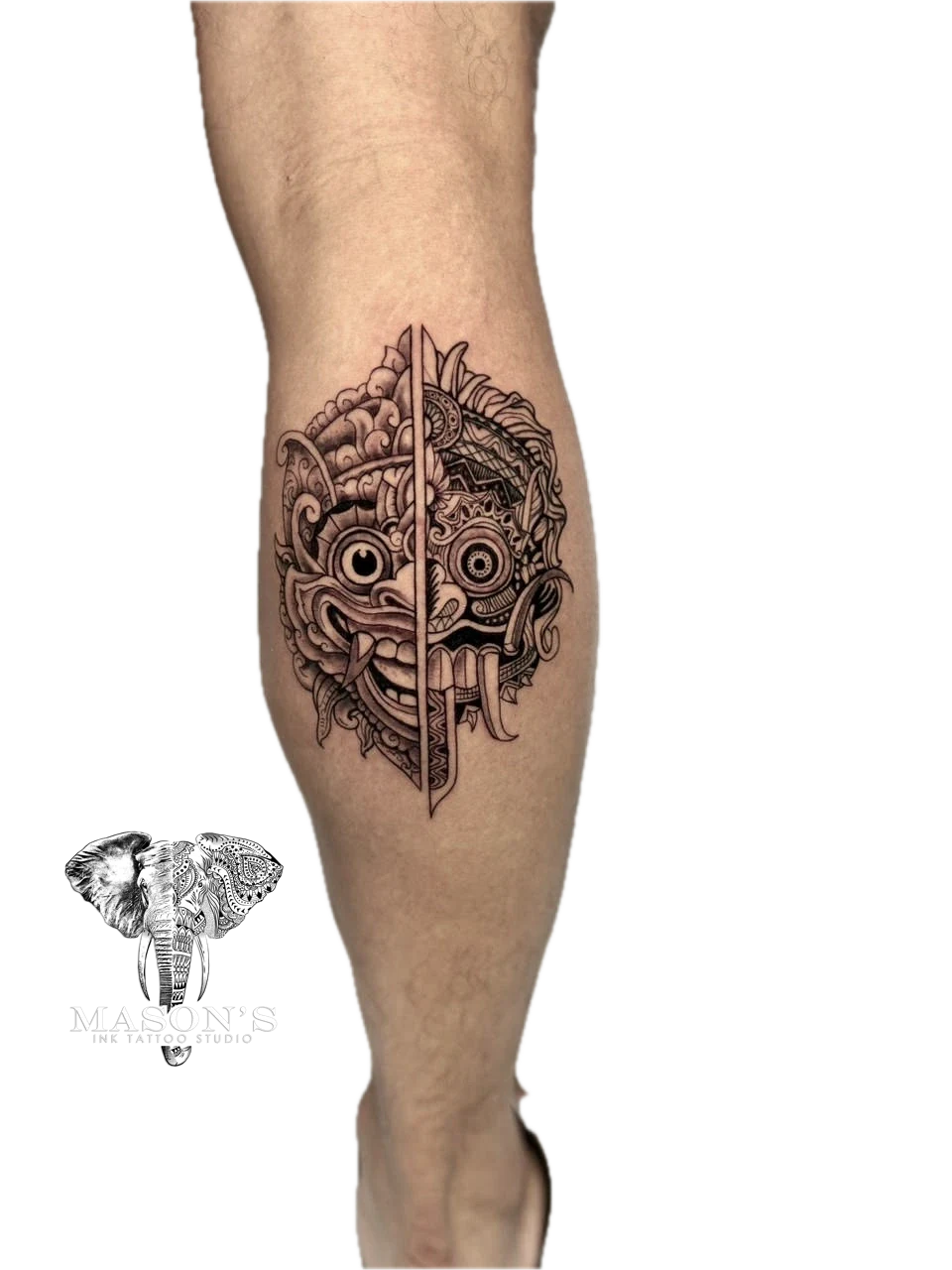 Barong Calf Tattoo Design - Barong tattoo by Mason's Ink Tattoo Studio, Bali