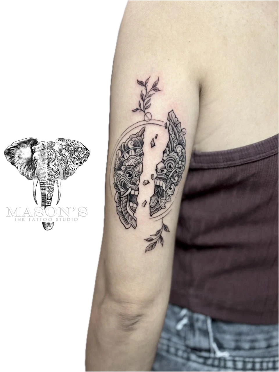 Barong Tattoo Design: a detailed mandala mask with ornamental designs on the forearm