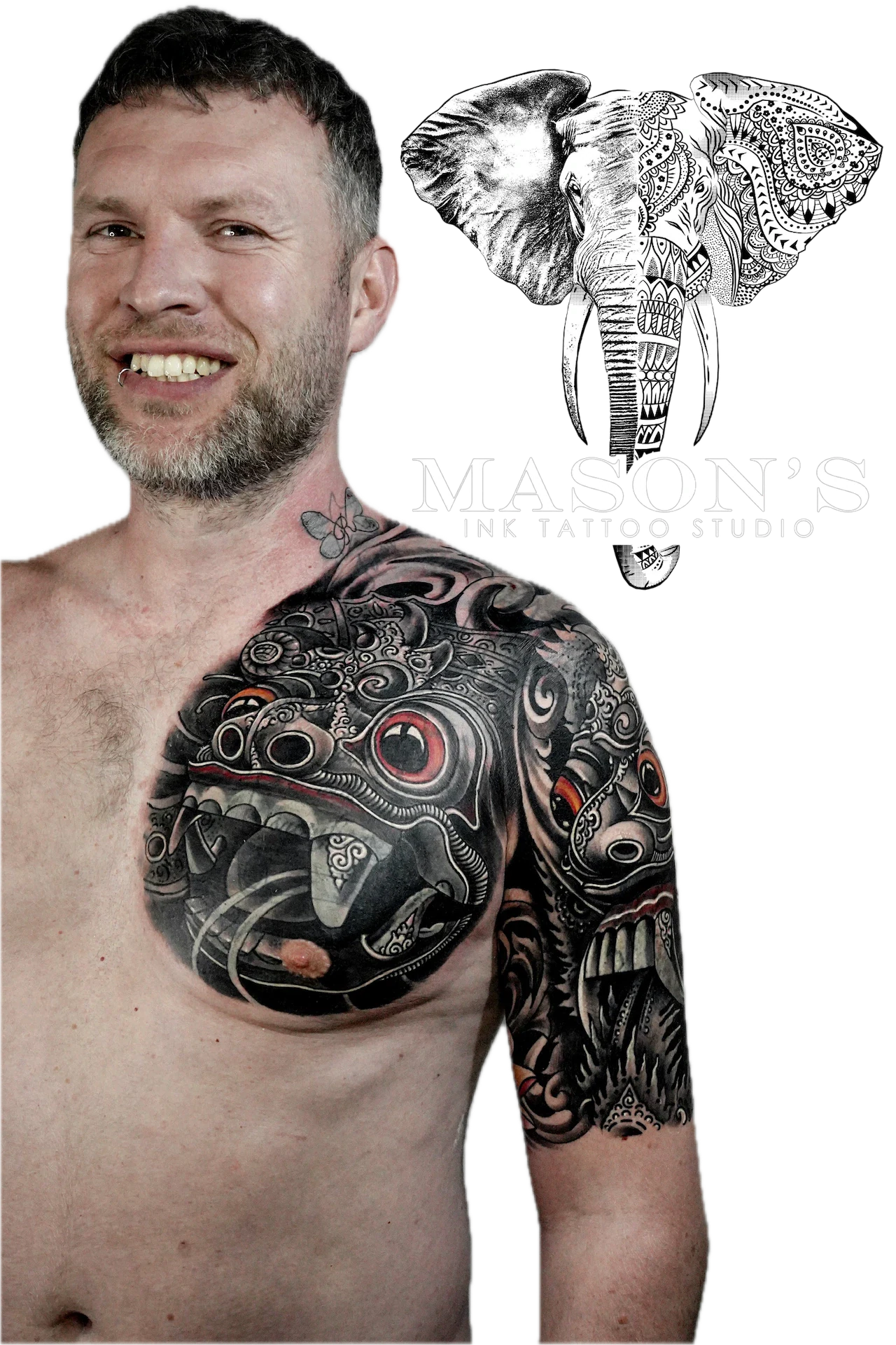 Balinese Barong Tattoo Design: a full sleeve tattoo with intricate mythological and dark ornamental designs