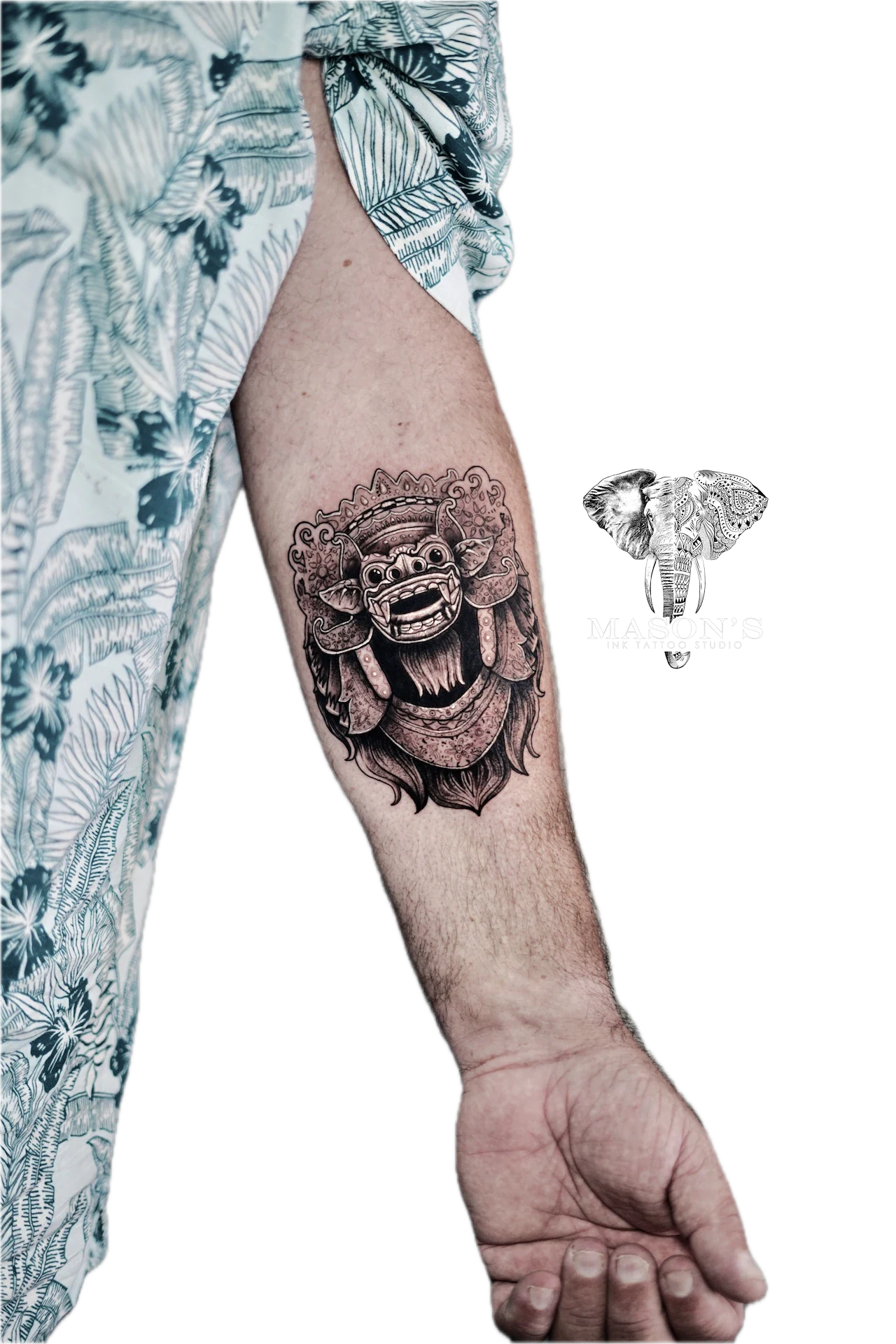 Balinese Barong Tattoo Design: a detailed mask tattoo with intricate patterns and flames