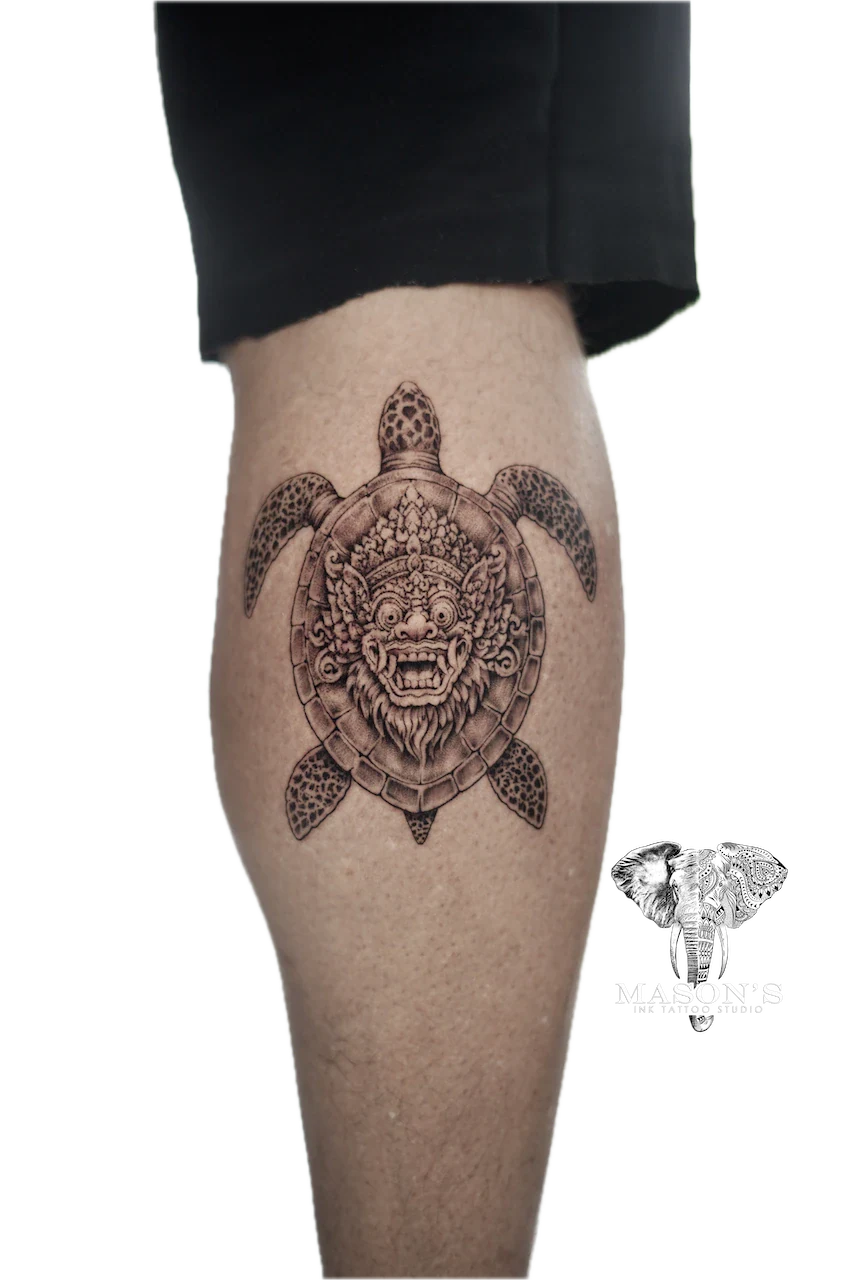 Barong and Turtle Black and Grey Tattoo Design - Barong tattoo by Mason's Ink Tattoo Studio, Bali