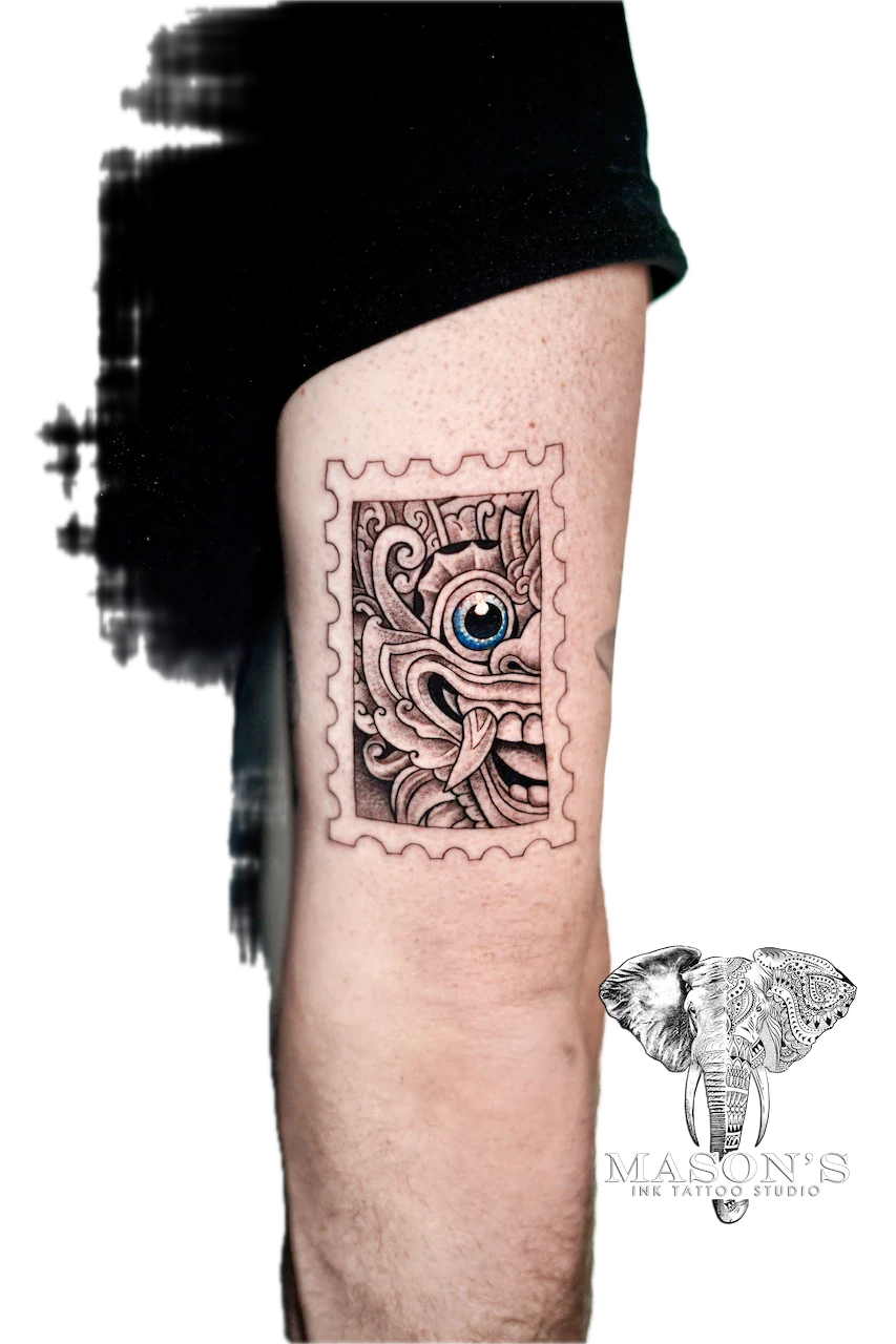 Black and Grey Barong Frame Tattoo Design - Barong tattoo by Mason's Ink Tattoo Studio, Bali