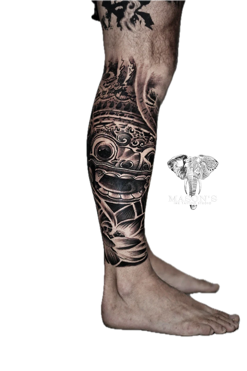 Black and Grey Barong Tattoo Design by Mason's Ink Tattoo Studio, Bali
