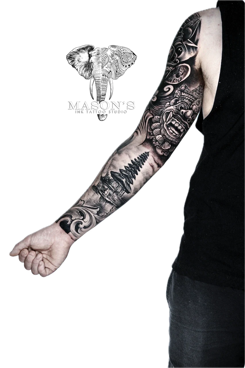 Black and Grey Barong and Temple Tattoo Design - Barong tattoo by Mason's Ink Tattoo Studio, Bali