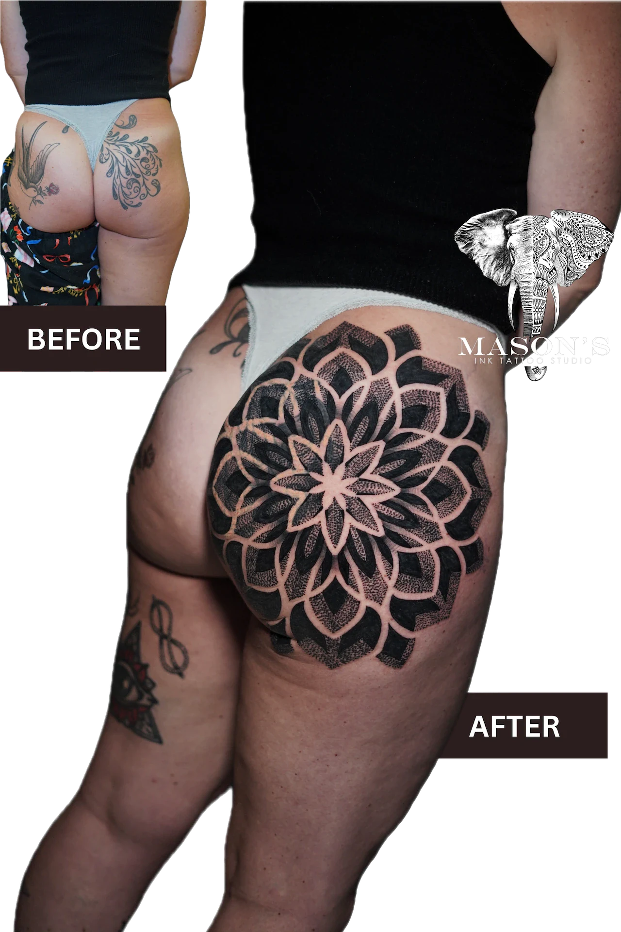 Mandala Cover Up Tattoo Design: a large black and grey mandala pattern on the thigh