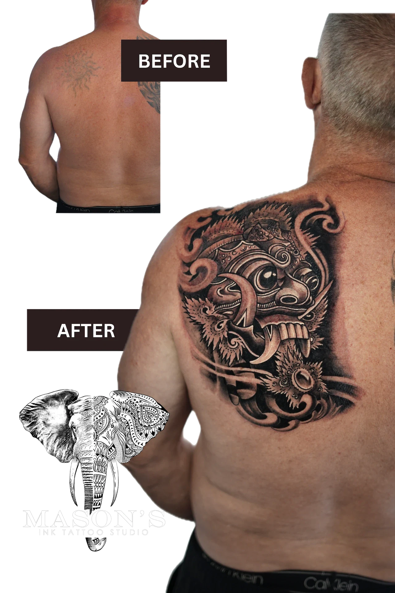 Barong Cover Up Tattoo Design: a large black and grey dragon tattoo on the back with intricate details