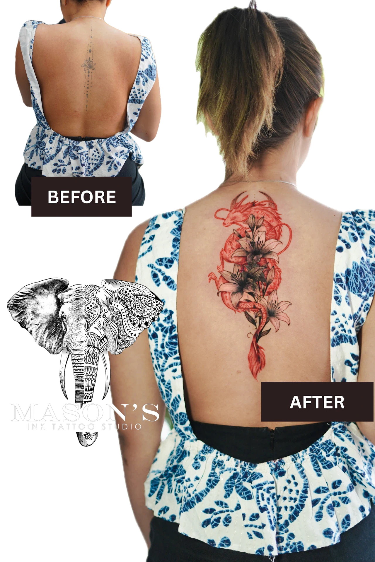 Floral Cover-Up Tattoo Design: a large floral design with red flowers and vines on the back