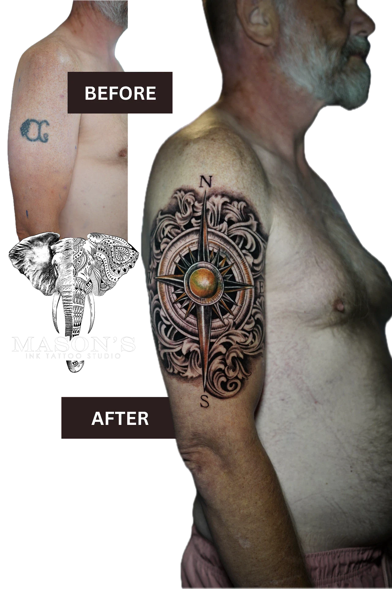 Compass Cover-Up Tattoo Design: a large compass and elephant mandala tattoo on the upper arm