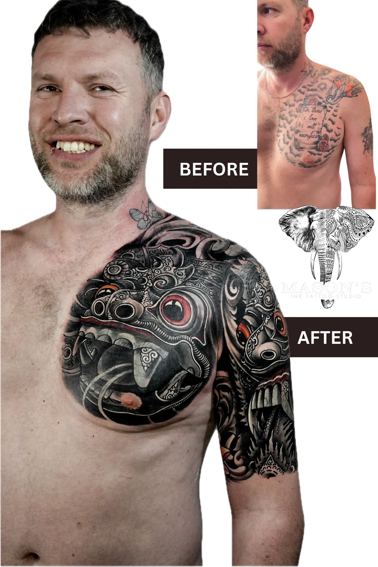 Barong Cover-Up Tattoo Design: a large black and grey sleeve tattoo with an eye and elephant