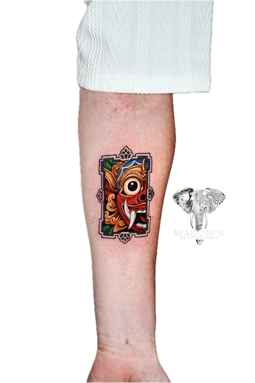 Color Half Face Barong Tattoo by Mason’s Ink - Barong tattoo by Mason's Ink Tattoo Studio, Bali