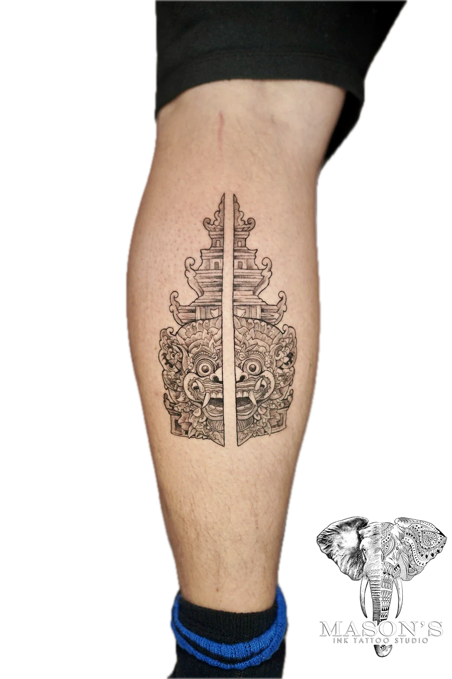 Fine Line Barong and Gapura Tattoo Design - Barong tattoo by Mason's Ink Tattoo Studio, Bali